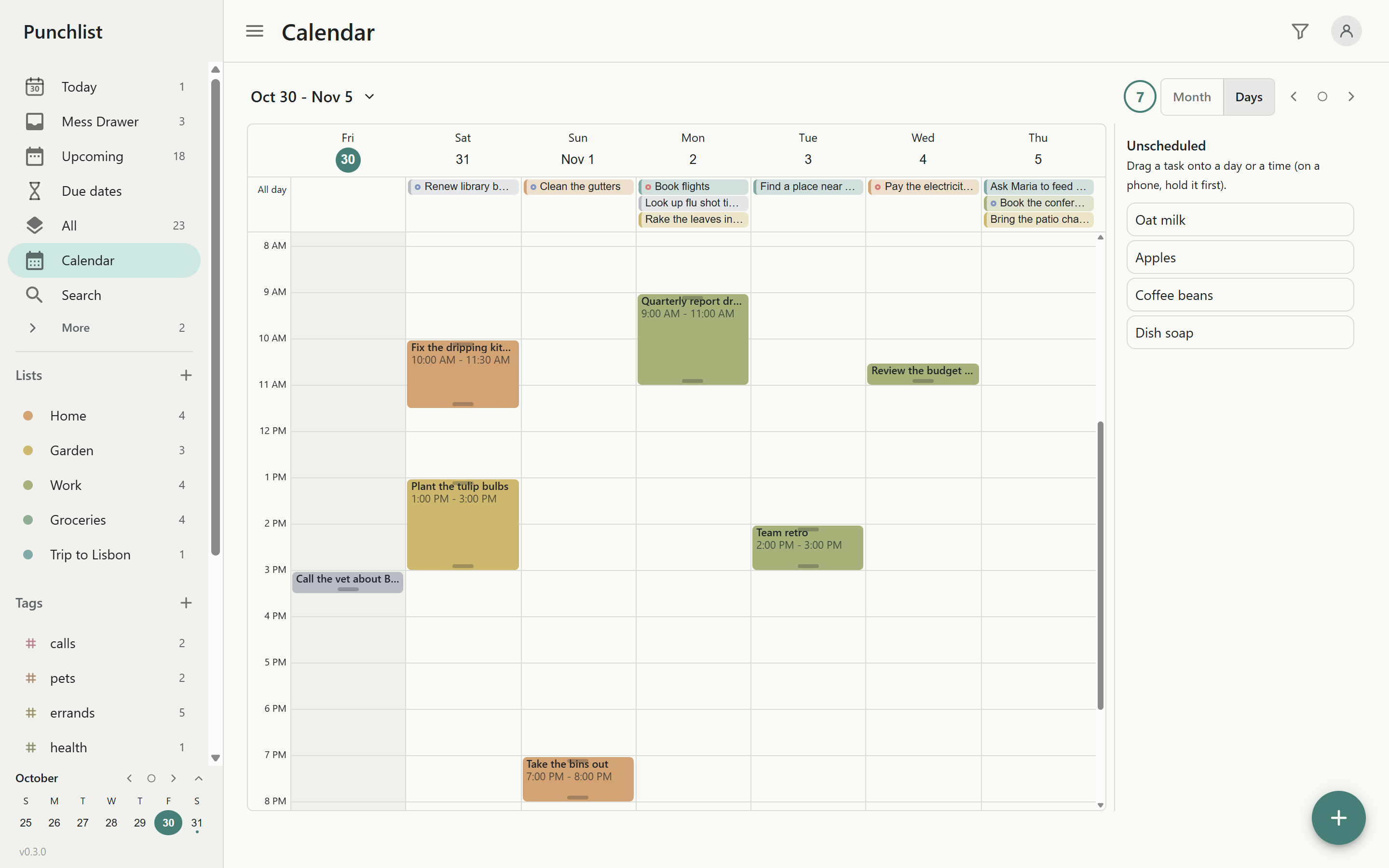 The week calendar with tasks placed on it
