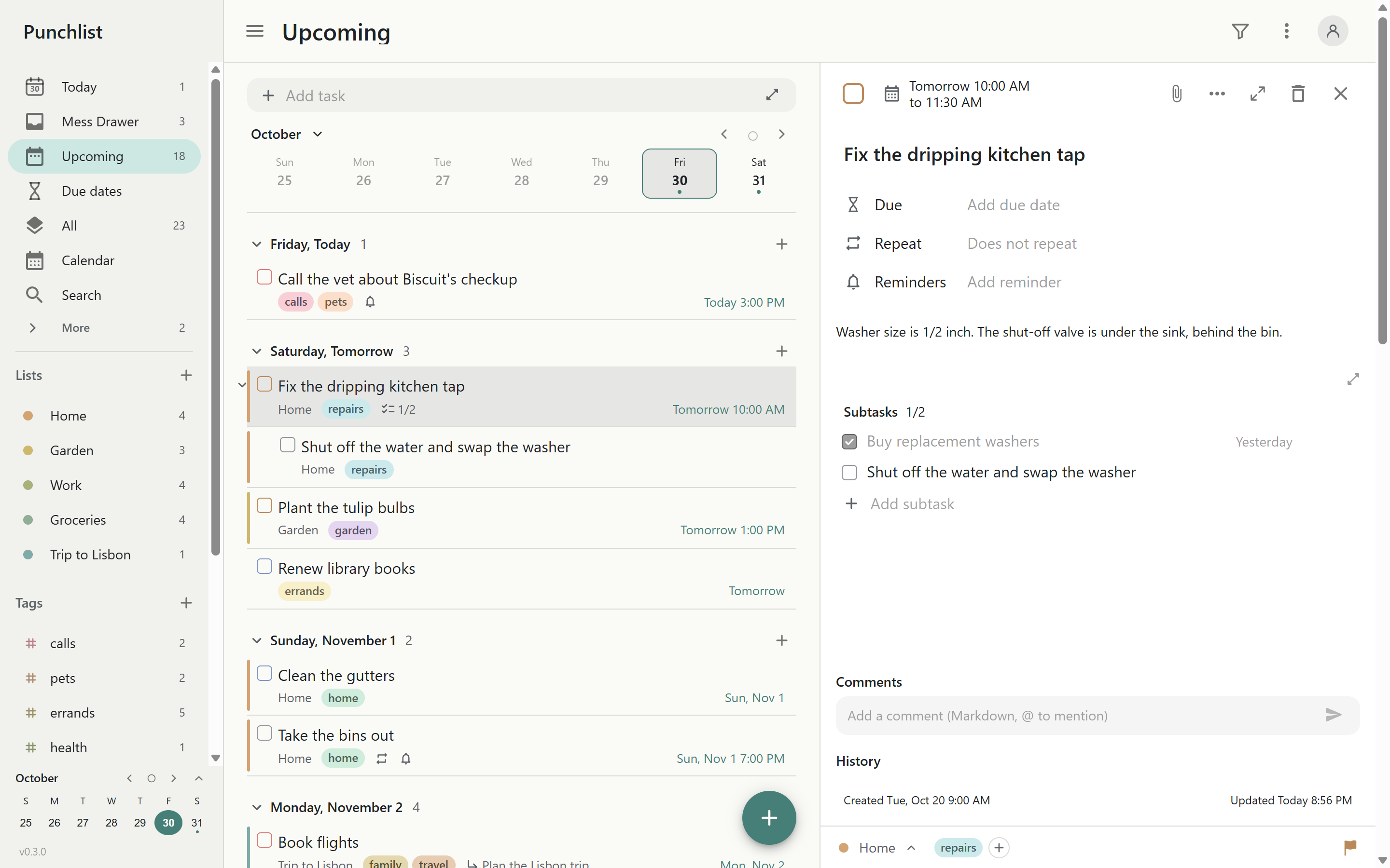 A list of tasks with the task details open beside it